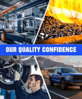 Collage of automotive manufacturing, metal forging, mechanic under car, and blue truck on coastal road promoting quality confidence.