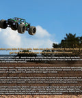All Terrain 1 To 18 Scale RC Truck 4WD Waterproof Off Road Vehicle jumping over dirt with blue sky background.