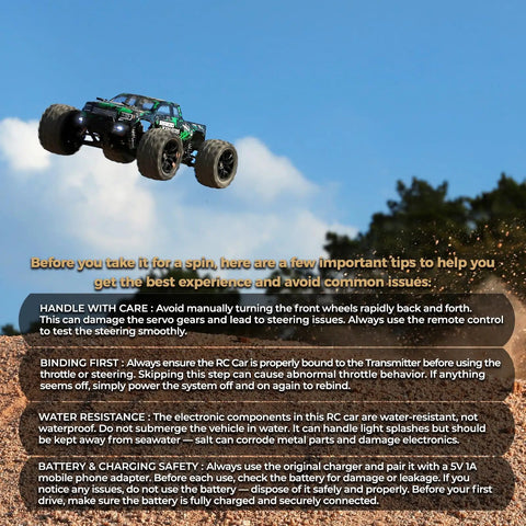 All Terrain 1 To 18 Scale RC Truck 4WD Waterproof Off Road Vehicle jumping over dirt with blue sky background.