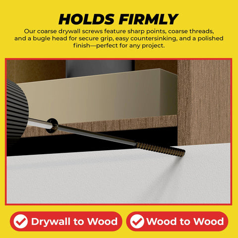 Size Ten Coarse Thread Drywall Screw With Sharp Point And Phillips Drive Two Bugle Head Black 6 Inch 1 Lb Pack Pro Grade For Drywall Sheetrock Wood And More For Attaching Drywall To Wood Studs And Wood To Wood being used to attach wood to drywall