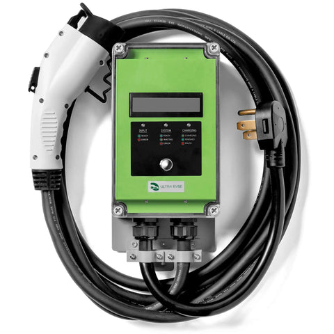 32 Amp Level 2 Electric Vehicle Charging Station With Smart Display And 25 Ft Cable showing charging plug and control panel.