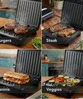 Ovente Two Serving Electric Indoor Grill And Panini Press Compact Contact Maker For Juicy Steaks Bold Smoky Flavor No Outdoor Mess Black kitchen appliance with two burgers, steaks, paninis, and grilled veggies.