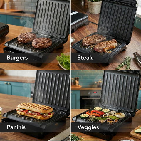 Ovente Two Serving Electric Indoor Grill And Panini Press Compact Contact Maker For Juicy Steaks Bold Smoky Flavor No Outdoor Mess Black kitchen appliance with two burgers, steaks, paninis, and grilled veggies.