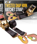 Heavy Duty Twisted Snap Hook Ratchet Straps 2 By 8 Feet showing durable hooks and webbing for secure tie downs.