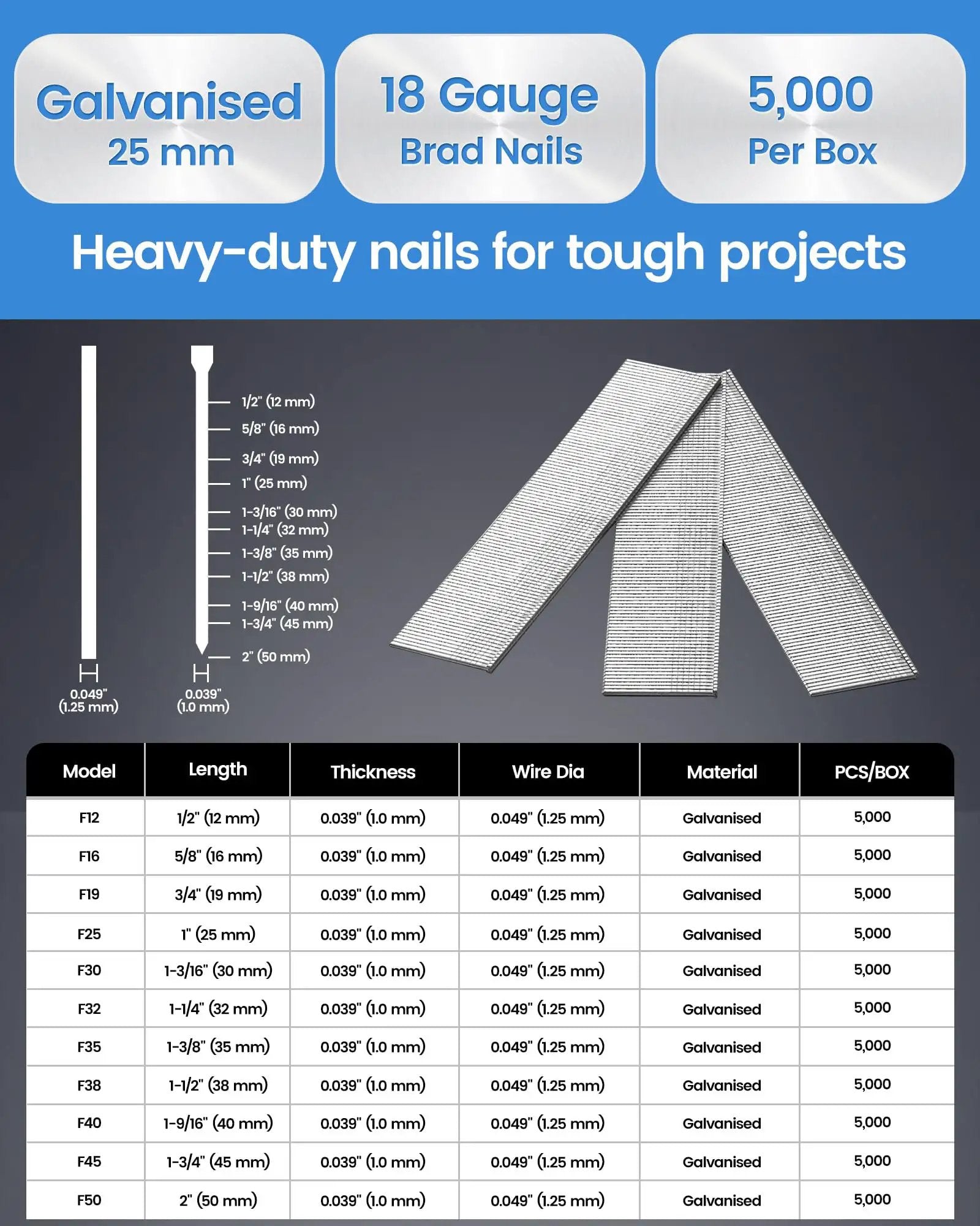 18 Gauge Brad Nails 1 Inch Galvanized Finish✓