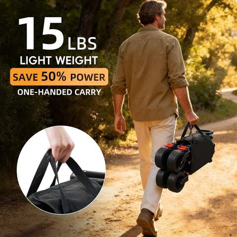 Man carrying Collapsible Wagon Cart With 220L Capacity Ultra Lightweight 15Lb Foldable Garden Cart on a dirt path