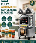 Shop Ready Full Automatic Boba Tea Cup Sealer Machine Crushes The Rush At 600 Cups An Hour with drinks and sealing base.