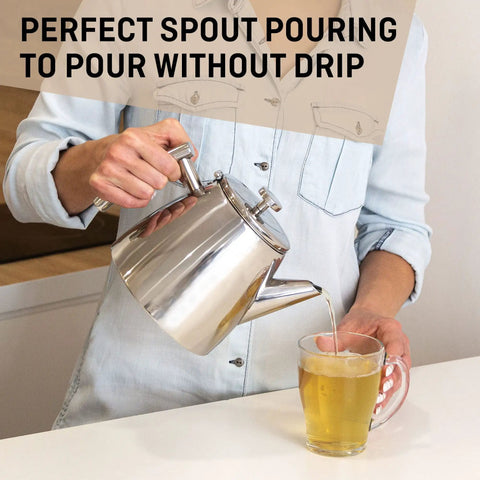 Top Tier Stainless Steel Teapot With Integrated Fine Mesh Infuser And Double Wall Construction That Stays Piping Hot One Liter Capacity pouring tea without drip