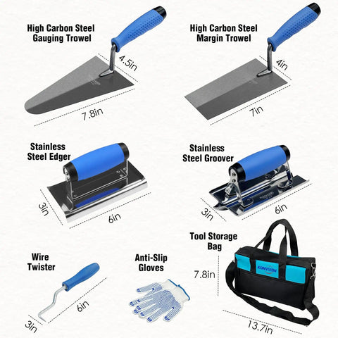 Pro Grade Concrete Trowel Set With Wood Float And 10 Piece Masonry Tool Kit Including Flat Finishing Trowel Pool Trowel Gauging Trowel Margin Trowel Edger Groover Wire Twister Gloves And Carry Bag shown with dimensions and materials.