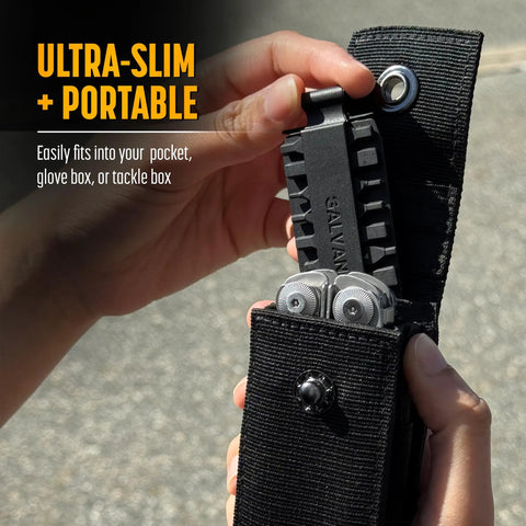 22 Piece Double Sided Bit Kit Workhorse With Flat End Ratchet Driver For Multitools in black sheath being held.