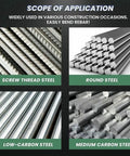 Image showing various steel types: screw thread, round, low-carbon, and medium carbon steel for use with Heavy Duty Electric Hydraulic Rebar Bender Cutter 1100W Copper Motor.