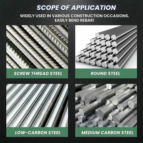 Image showing various steel types: screw thread, round, low-carbon, and medium carbon steel for use with Heavy Duty Electric Hydraulic Rebar Bender Cutter 1100W Copper Motor.