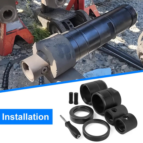 Pin And Bushing Adapter Service Kit 15030 For Heavy Duty Trucks And Equipment, removal tool and components on rough terrain