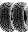 Versatile All Terrain ATV UTV Tire Set Of 2 6 Ply Tubeless A021 14570-6 On 6 Inch Rims front view with grippy tread pattern.