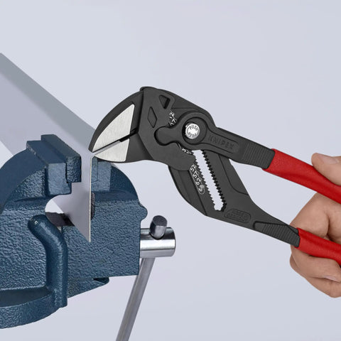 Three Piece Black Pliers Wrench Set built for quick grips and turning, high leverage tool gripping metal in vise