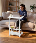 Space Saver C Shaped Laptop Desk On Wheels For Small Spaces White 24 Inch Height Adjustable With 2 Tier Storage Shelves Mobile Under Sofa Or Bed Setup