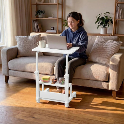 Space Saver C Shaped Laptop Desk On Wheels For Small Spaces White 24 Inch Height Adjustable With 2 Tier Storage Shelves Mobile Under Sofa Or Bed Setup