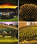 Warm white 480 LED gazebo net lights illuminating outdoor garden party with 10x10ft mesh curtain and twinkling like stars effect