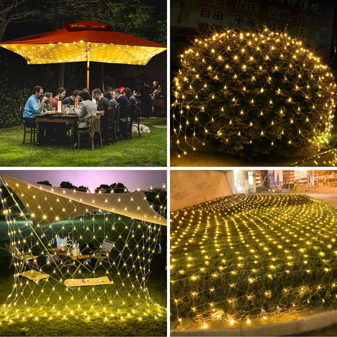 Warm white 480 LED gazebo net lights illuminating outdoor garden party with 10x10ft mesh curtain and twinkling like stars effect