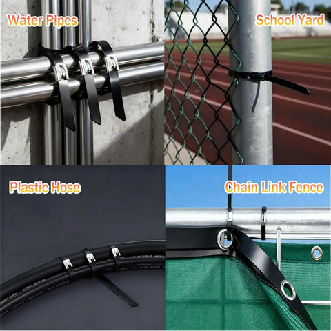 Heavy Duty Metal Zip Ties Kit With Cable Tie Gun, 100 Pack, used on pipes, fences, hose, UV resistant black stainless steel