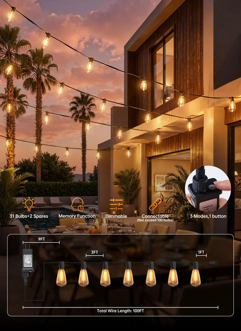 100Ft Outdoor String Lights With Remote Dimmable And Connectable Warm White LED Patio Lighting For Backyard Porch Deck Or Balcony Weatherproof Shatterproof Bulbs Three Modes And Memory Function Totally Lit displayed on a patio with sunset view.