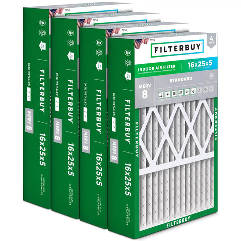 16x25x5 Air Filter MERV 8 Pleated HVAC Filter 4 Pack for home furnace and AC, compatible with Honeywell FC100A1029 Lennox X6670