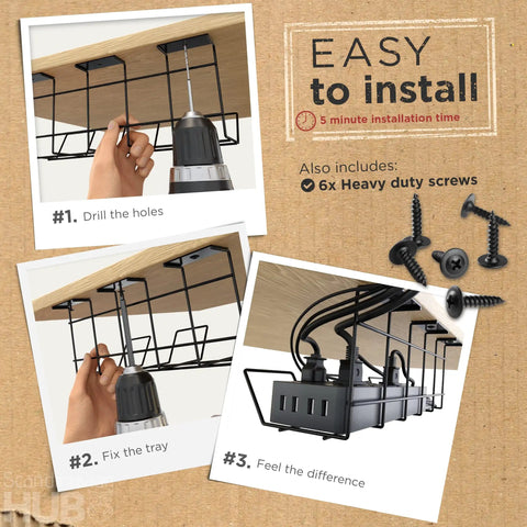 Under Desk Cable Management Tray Set Of Two In Black Heavy Duty Steel Cable Organizer installation steps and screws