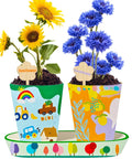 All In One Paint And Grow Flower Kit With 4 Ceramic Pots Soils Seed Packs Saucers Plant Markers Palette Brushes Tools And 12 Acrylic Colors, showing decorated pots with sunflowers and cornflowers.