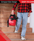 Person carrying Two Point Five Gallon Wet Dry Vacuum With 2.0 Peak HP Power Portable Compact Shop Vacuum with handle