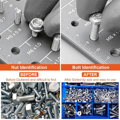 51 In 1 Bolt Size Finder And Thread Checker With 32 Metric And 32 SAE Nut And Bolt Gauges, 19 Drill Bit Checker shown in use