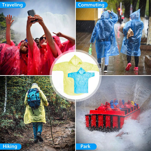Disposable Emergency Rain Ponchos For Adults And Kids, Family Pack Of 12 In 4 Colors, used in various outdoor activities.