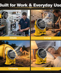 Collage of Cordless 20V Jobsite Fan With Infinite Speed, 180 Degree Tilt, Ring Light, USB C in various environments: jobsite, garage, camping, home.