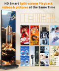 80 Inch Foldable Led Display Featuring Seamless Splicing P1.86 Pixel Pitch Digital Signage Totem showing split-screen playback of videos and images.