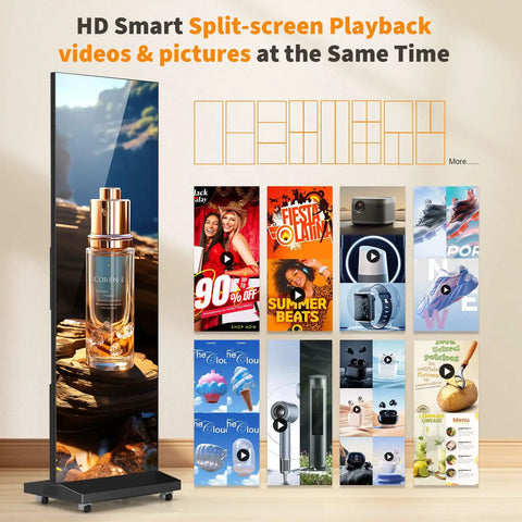 80 Inch Foldable Led Display Featuring Seamless Splicing P1.86 Pixel Pitch Digital Signage Totem showing split-screen playback of videos and images.