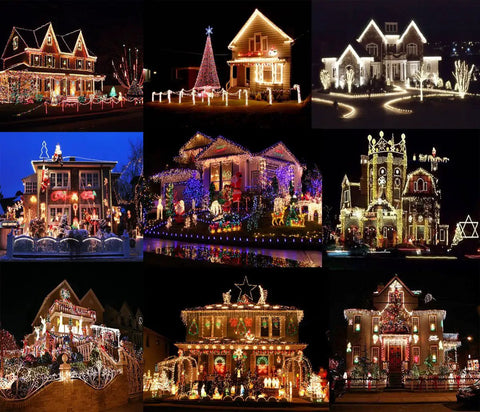 Various homes decorated with 360 Degree LED Neon Light Strip Rope Light With Remote, highlighting rooflines and features at night.