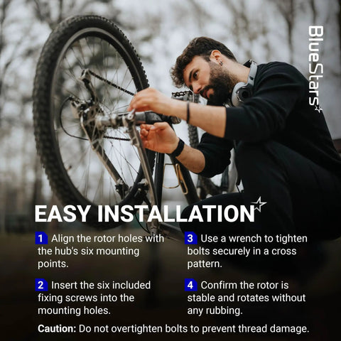 Man installing 160mm 6-Bolt Stainless Steel Disc Brake Rotor For Road, MTB, And BMX Bikes, following step-by-step guide.