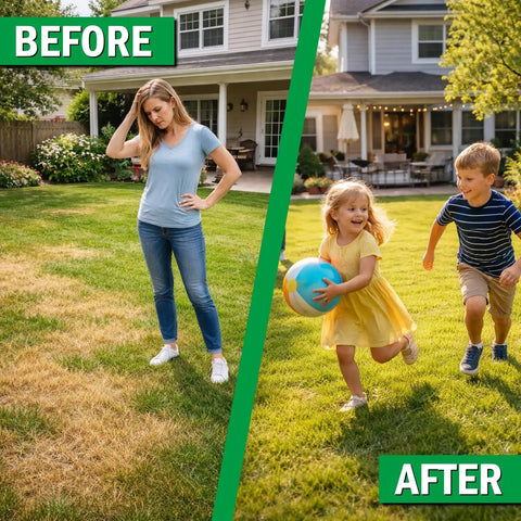 Comparison of a dry, patchy lawn before and a vibrant, green lawn after using All In One 3 In 1 Thatch Rake For Lawn Care.