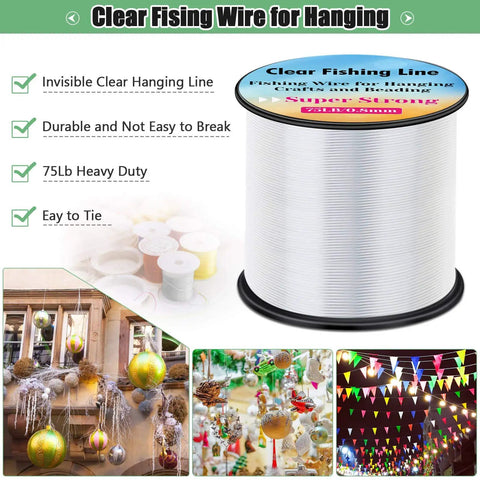 Clear Nylon Fishing Line For Hanging Decor And Crafts 0.8mm Thick Heavy Duty Picture Frame Wire With 70 Pound Strength 656 Feet And 100 Crimp Sleeves Perfect For Balloon Garlands And Photo Displays spool with decor examples.