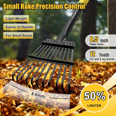 Heavy Duty Metal Garden Rake With Eleven Steel Tines Eight Point Five Inch Wide Head And Sixty Inch Long Handle in leaves