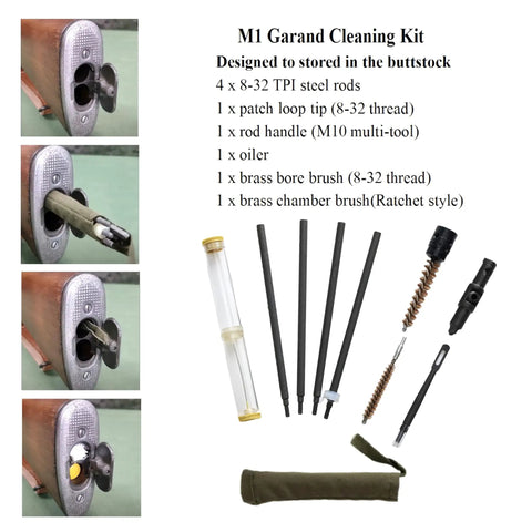 Top Shelf M1 Garand Care Kit Featuring Bronze Wrench And Gas Cylinder Screw With Multi Tool Oiler And Brass Chamber Brushes To Keep Your Iron Runnin Smooth Daily, showing kits stored in buttstock.