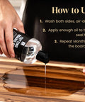 Hand pouring Food Grade Mineral Oil For Wood Cutting Boards And Butcher Blocks 16oz Safe For Bamboo Marble Soapstone And Stainless Steel Counters Made In USA Top Notch Kitchen Care And Conditioning For Long Lasting Finish on wooden board