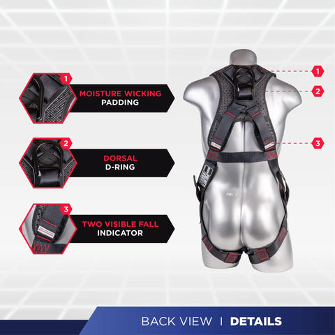 Back view of Worksite Ready 5 Point Full Body Fall Protection Harness Kit with Dorsal D-Ring and moisture-wicking padding