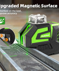Dead Nuts True Self Leveling Green Laser Level Tough Cross Line Tool placed on metal track with green laser line visible.