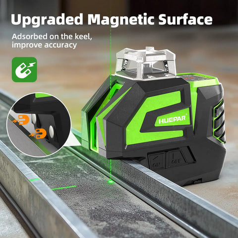 Dead Nuts True Self Leveling Green Laser Level Tough Cross Line Tool placed on metal track with green laser line visible.