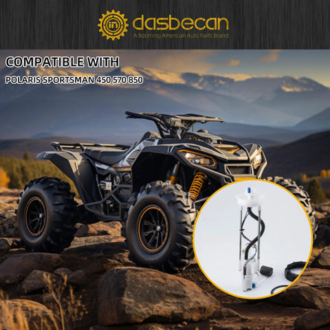Electric Fuel Pump Assembly For Polaris Sportsman 450 570 850 1000 ATV shown with pump details and ATV in background