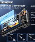 Endoscope Camera With Light 1920P HD Borescope Inspection Camera display showing control buttons and attachments
