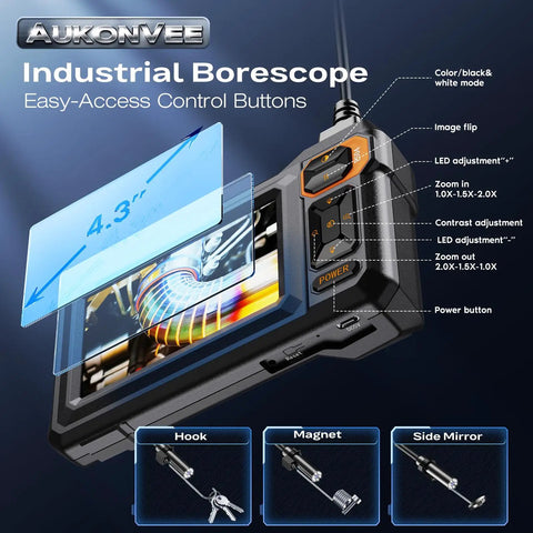 Endoscope Camera With Light 1920P HD Borescope Inspection Camera display showing control buttons and attachments