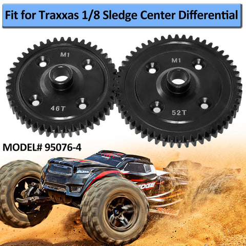Steel Spur Gear 52T M1.0 For Traxxas One Eighth Sledge Monster Truck CNC Machined Replacement Hardened Steel Part shown with 46T gear and off-road truck