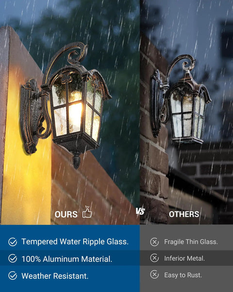 Comparison of Vintage Black Outdoor Wall Lantern With Water Ripple Glass 17.7 Inch; durable on left, rusting on right.