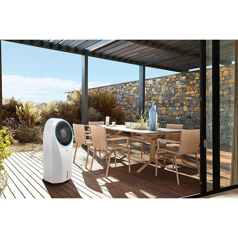White Portable Evaporative Cooler That Delivers Legit Indoor Cooling And Natural Humidification While Skipping The Heavy Compressor For Straight Up Energy Savings And Fresher Air Anytime near outdoor dining area.